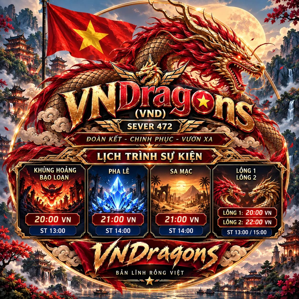 Poster liên minh VNDragons — lịch trình sự kiện Server 472